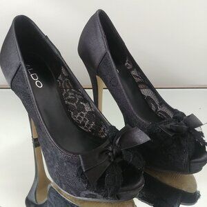 Black Satin Aldo High Heels Lace Bow Size 38